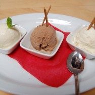 Tequila, Mexican Hot Chocolate and Chongos Zamoranos Ice Cream samples (from left to right) at Loteria Grill