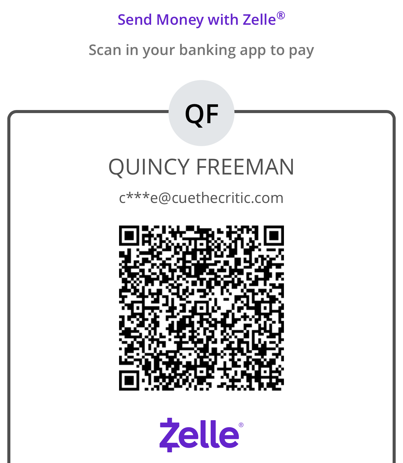 Official Zelle QR code to send support to Quincy Freeman